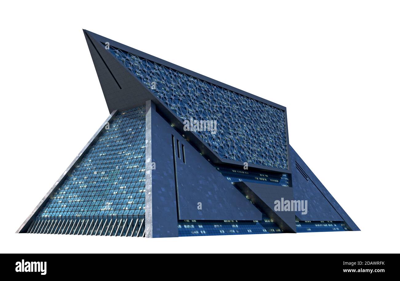 Ilustración 3D de un edificio futurista de forma triangular desde un ángulo  dramático, con arquitectura tecnóloga y el camino de trabajo de aislamiento  incluido Fotografía de stock - Alamy