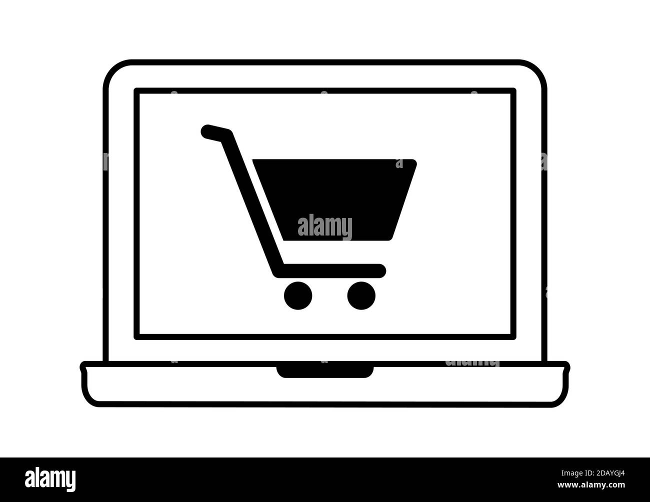 Ordenador portátil con carrito de la compra en línea en el icono de la pantalla. Símbolo de ilustración de vector de compras en línea. Ilustración del Vector