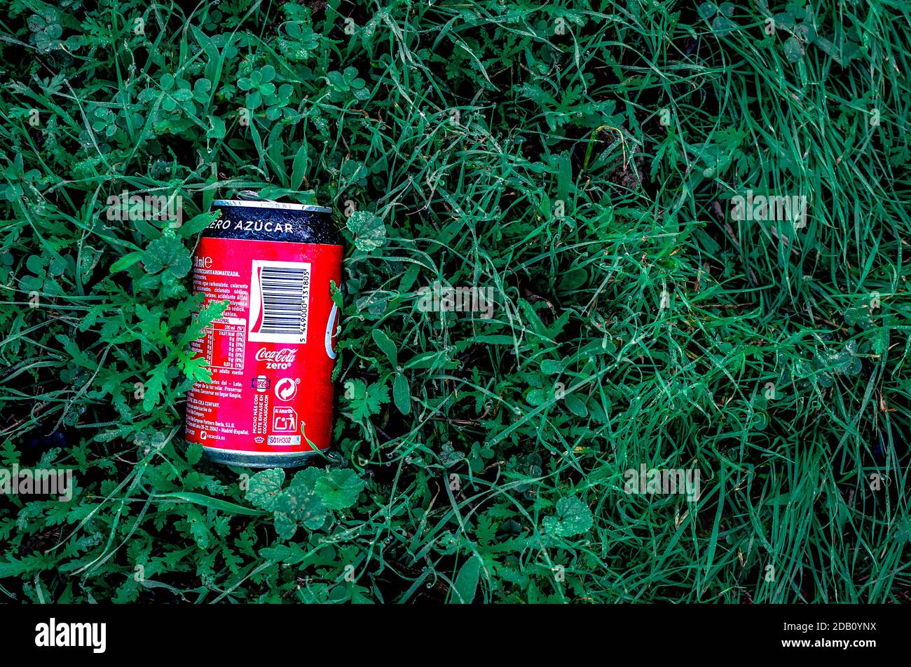 Una lata de Coca-Cola cero sobre hierba verde. Falta de respeto por el medio ambiente. Espacio de copia. Foto de stock