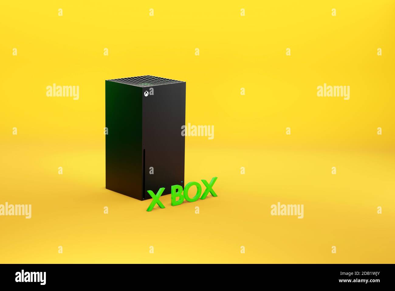 Wrocław,Polonia - Noviembre 16 2020: Consola de videojuegos para el hogar Xbox Series X de Microsoft. modelo de concepto de presentación en 3d. Espacio de copia Foto de stock