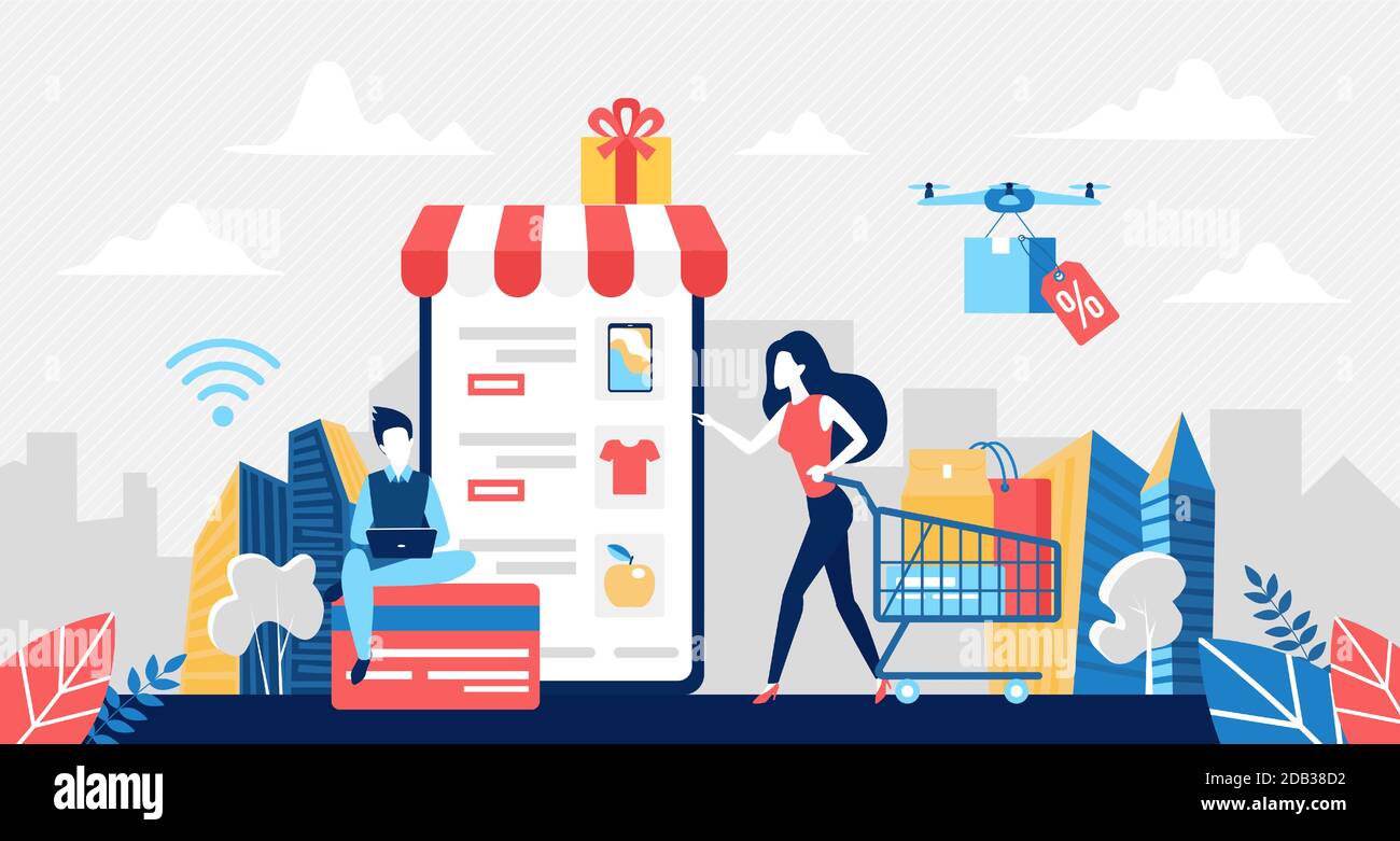Comprar en tienda en línea, venta concepto vector ilustración. Dibujos animados pequeña cliente mujer personaje sosteniendo carrito de compras con bolsas compras, comprar ropa y comida, utilizando el smartphone de fondo de Comprar en tienda en línea, venta concepto vector ilustración. Dibujos animados pequeña cliente mujer personaje sosteniendo carrito de compras con bolsas compras, comprar ropa y comida, utilizando el smartphone de fondo de