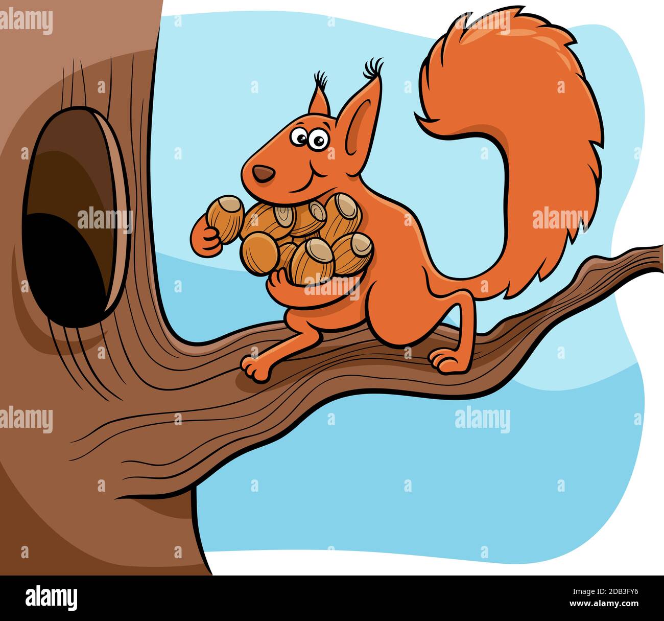 Ilustración de dibujos animados de gracioso personaje de ardilla animal llevando bellotas el hueco en el árbol Ilustración del Vector