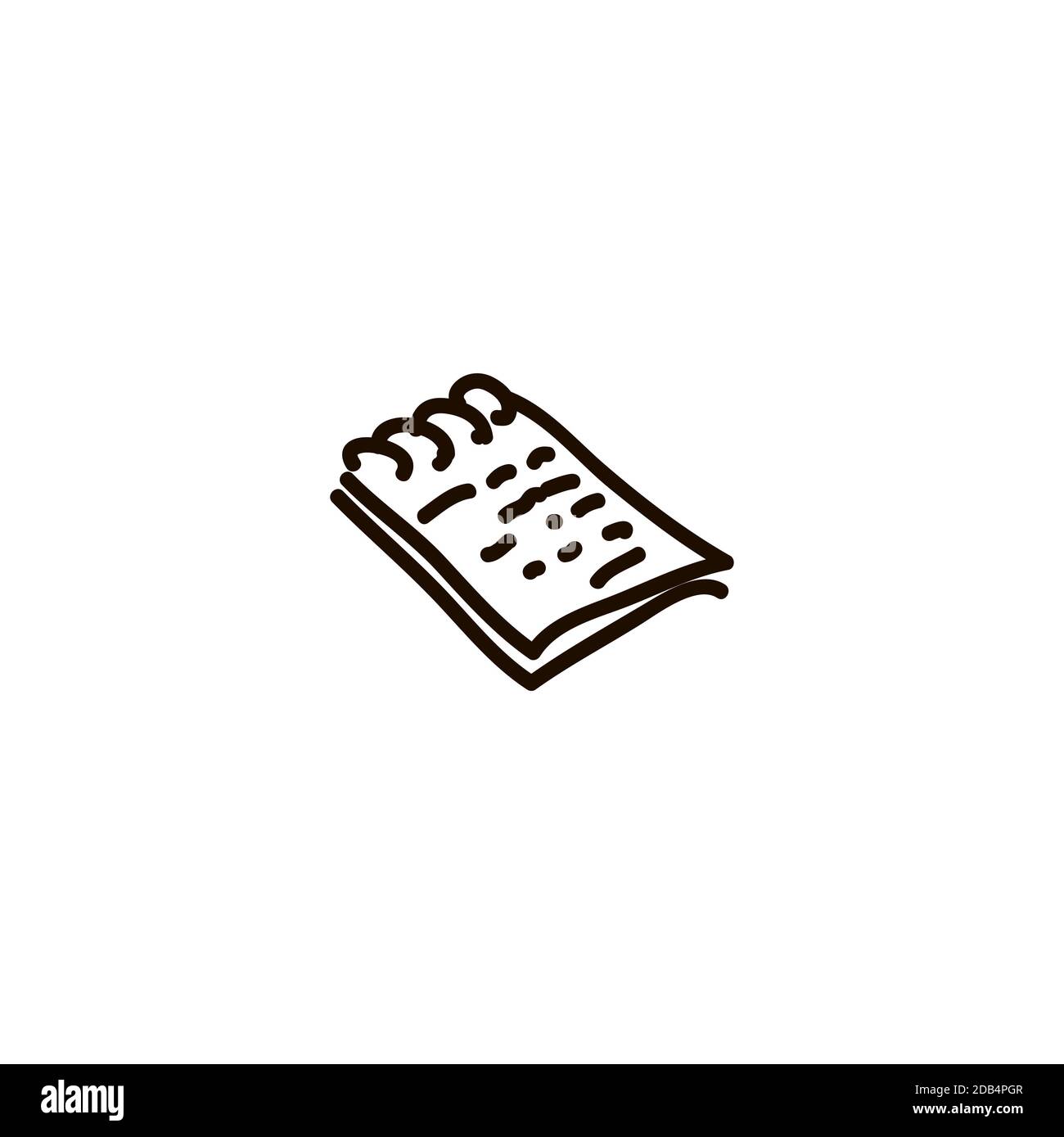 Hojas de papel, abrir cuaderno, notas, escribir libro de texto, dibujos animados tinta pluma icono estilo de croquis ilustración vectorial para web logod Foto de stock
