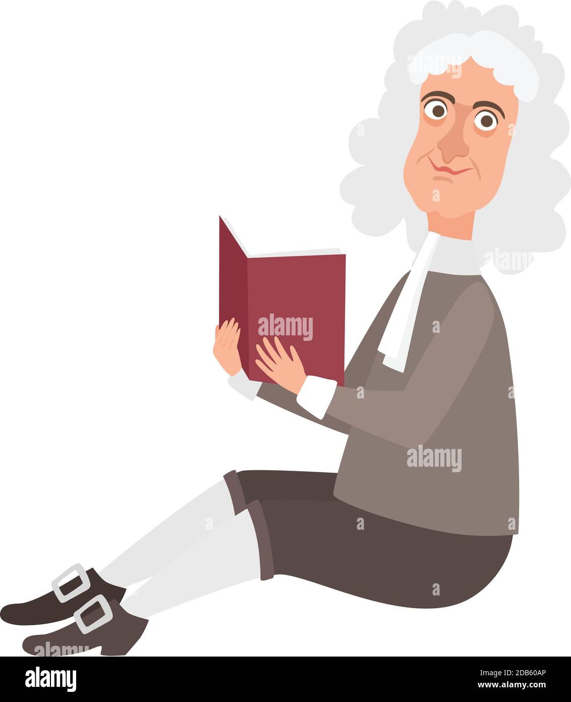 Sonriendo Isaac Newton leer el icono del libro, dibujos animados y estilo plano Ilustración del Vector