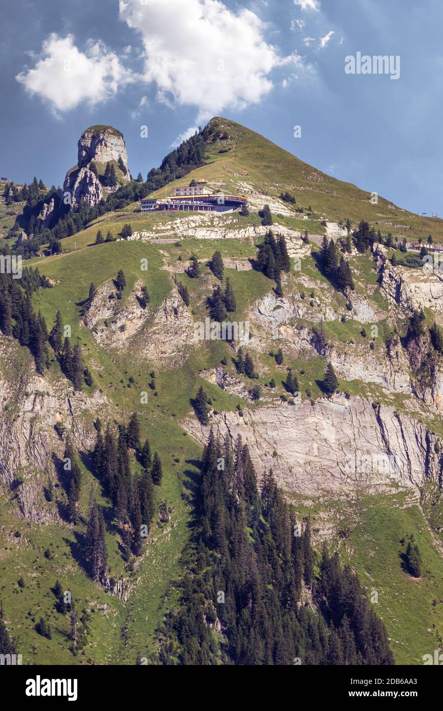 Vista de gran ángulo sobre las formaciones rocosas de Schynige Platte en verano. Bernese Oberland, Suiza - orientación vertical Foto de stock