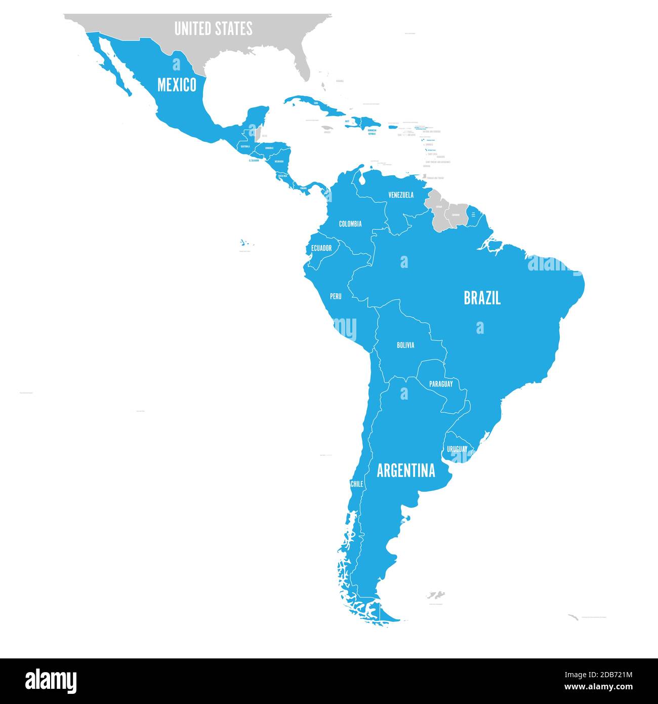 Mapa político de América Latina. estados de américa Latina azul destacado en el mapa de América