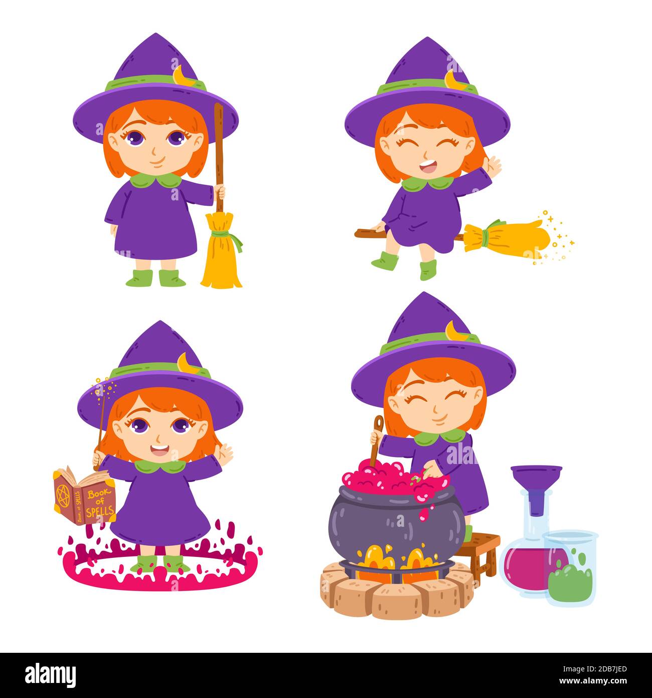 Bruja de pelirroja con escoba, sombrero, libro de hechizos, varita mágica y olla. La hechicera es la preparación de pociones. Conjunto de elementos para Halloween. Vector Ilustración del Vector