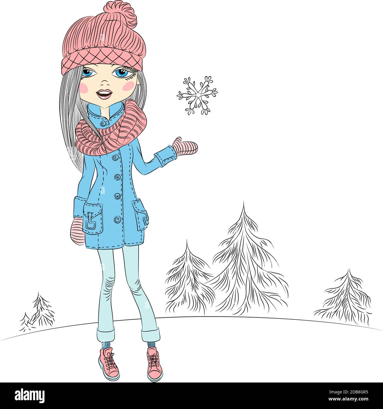 Moda hipster chica en una capa, tejida de sombreros, bufandas y manoplas en invierno Foto de stock