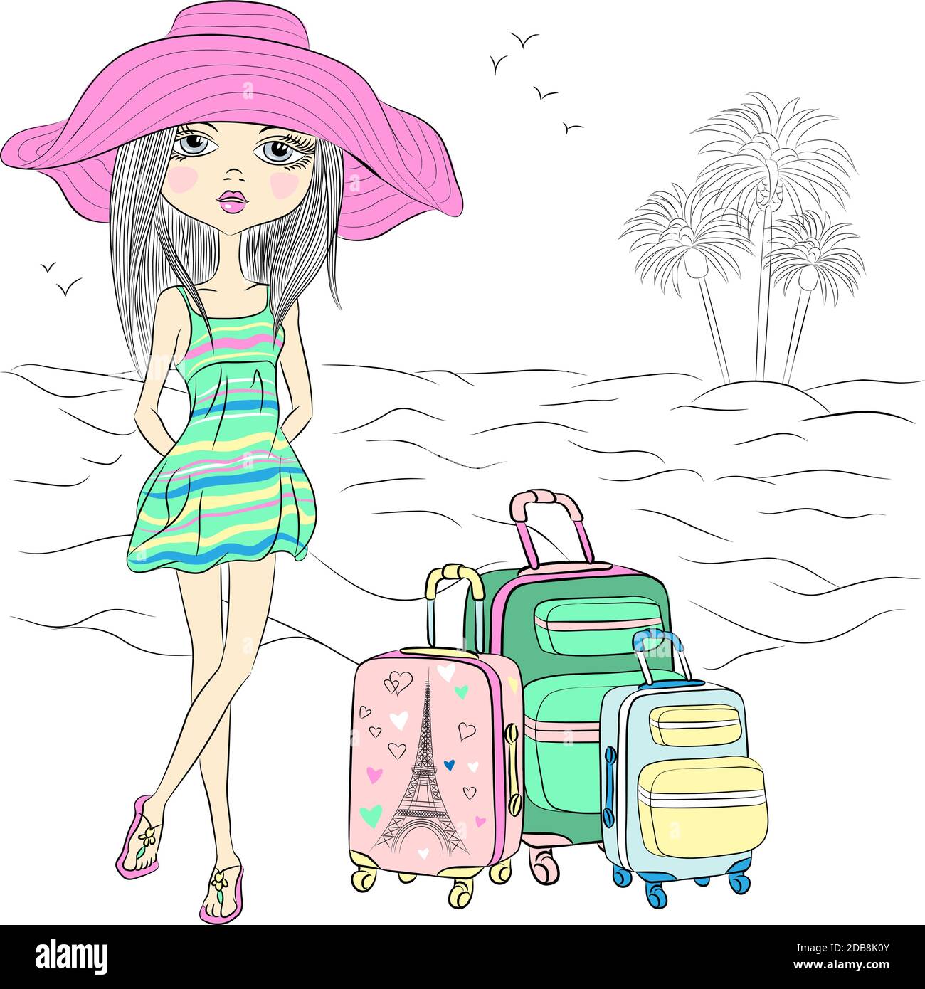 Hermosa chica de moda con maletas en la playa de mar Foto de stock