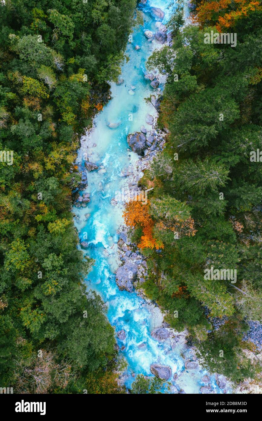 Vista aérea del río Soc rodeado de árboles, Eslovenia Foto de stock