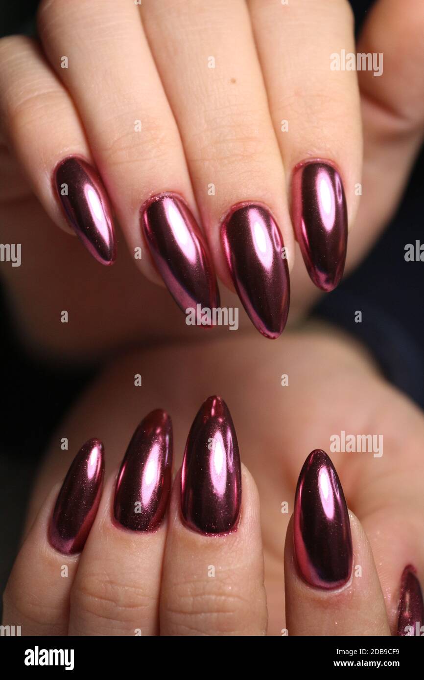 Preciosa manicura, púrpura oscura licitación esmalte de uñas de color, foto  en primer plano. Manos femeninas sobre fondo simple de ropa casual  Fotografía de stock - Alamy