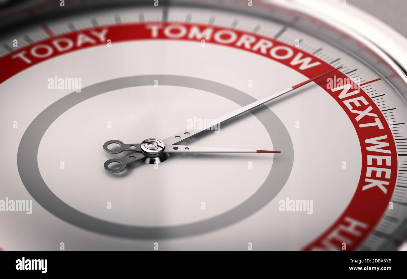 Cierre un reloj conceptual con el texto hoy, mañana y la próxima semana. Concepto de dilación. Ilustración 3D. Foto de stock