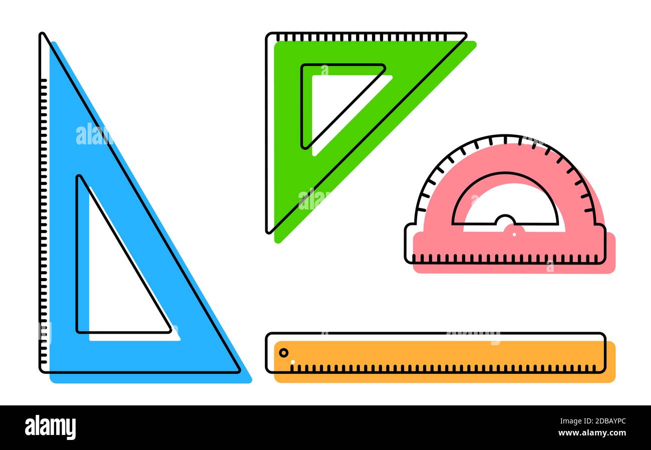 Regla, protractor, iconos triangulares. Instrumentos de medición escolares.  Enseñanza escolar, dibujo, geometría. Vector Imagen Vector de stock - Alamy