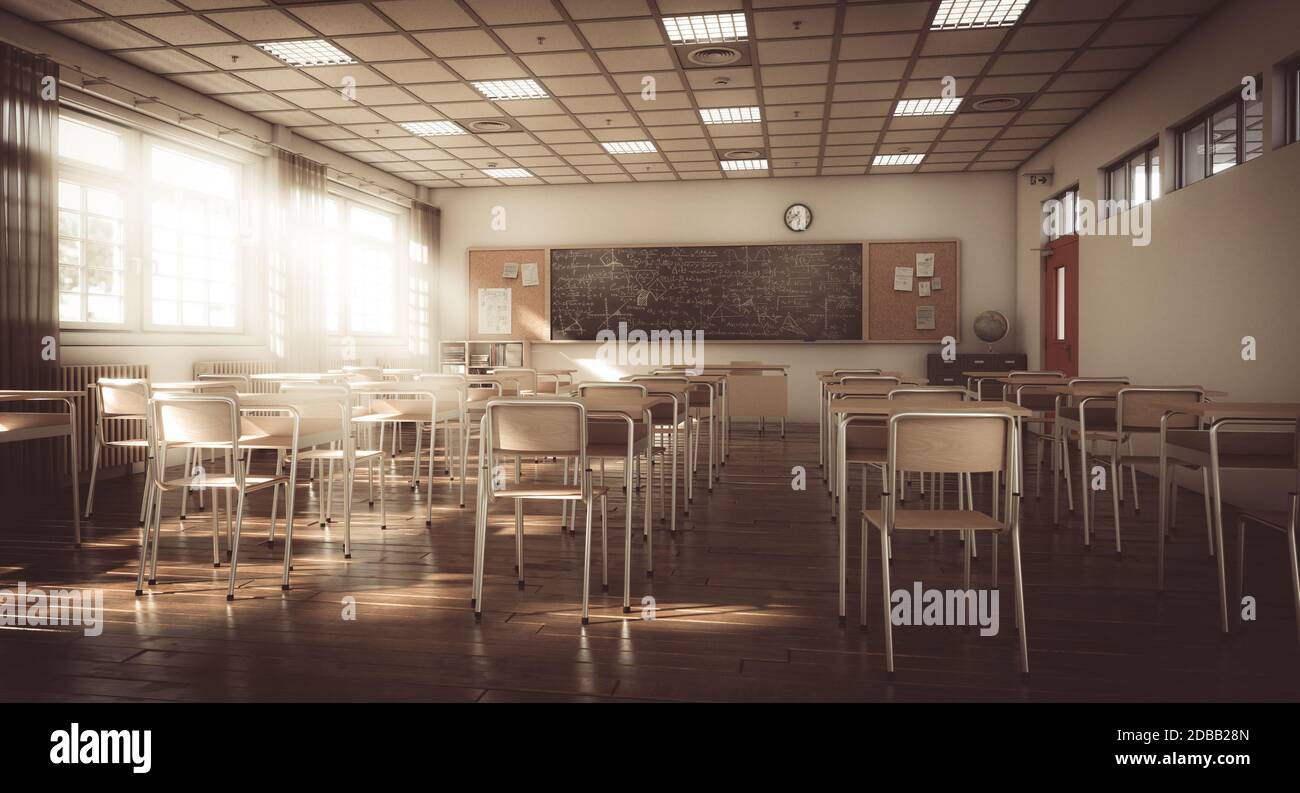 interior de una escuela primaria tradicional, suelos y elementos de madera, ambiente clásico y clásico. concepto de escuela y educación. nadie alrededor. 3d r Foto de stock