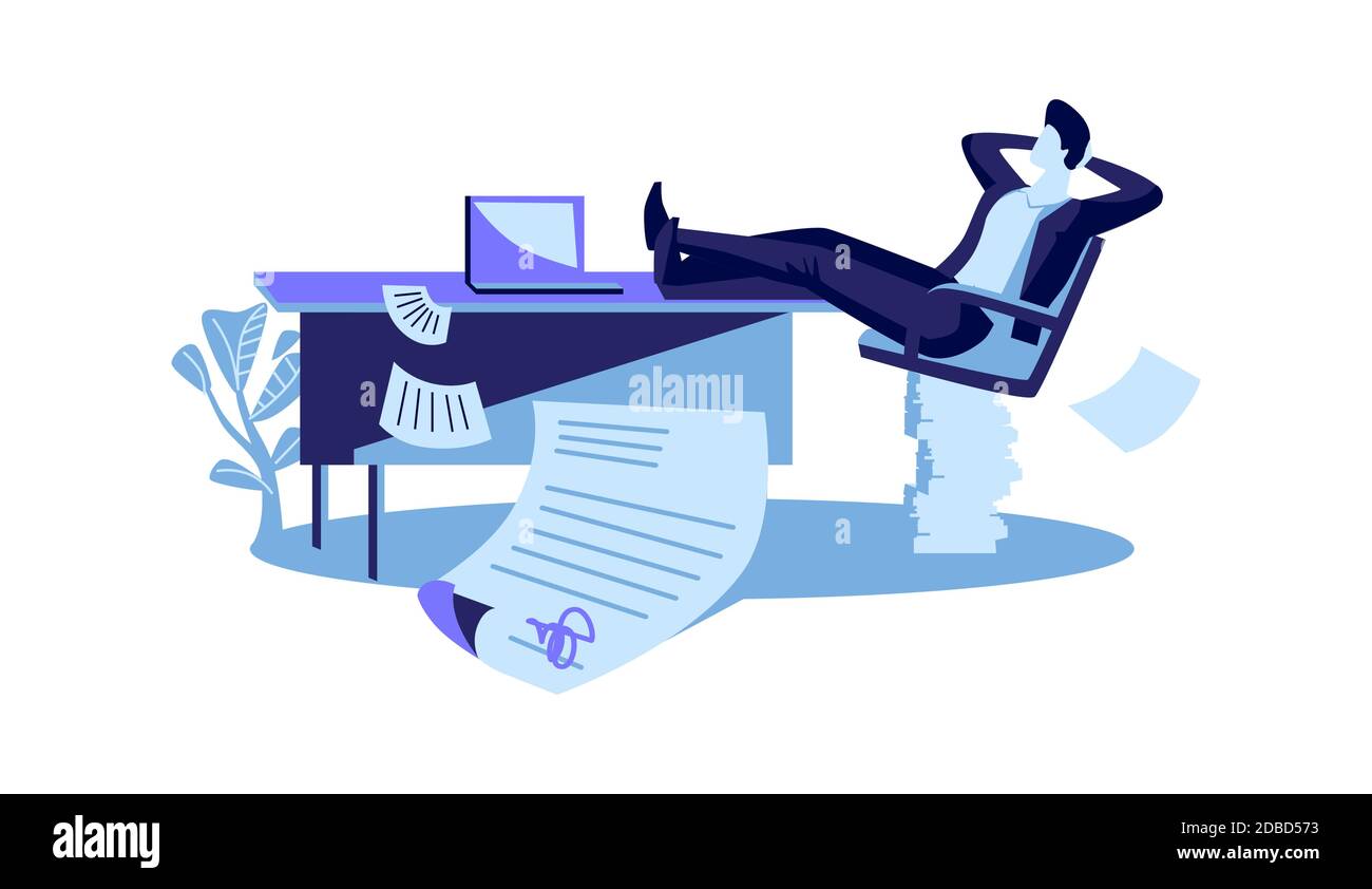 Feliz hombre de negocios se sienta con sus piernas arrojadas sobre la mesa, un contrato se concluye con éxito, dibujos vectoriales dibujos animados Ilustración del Vector