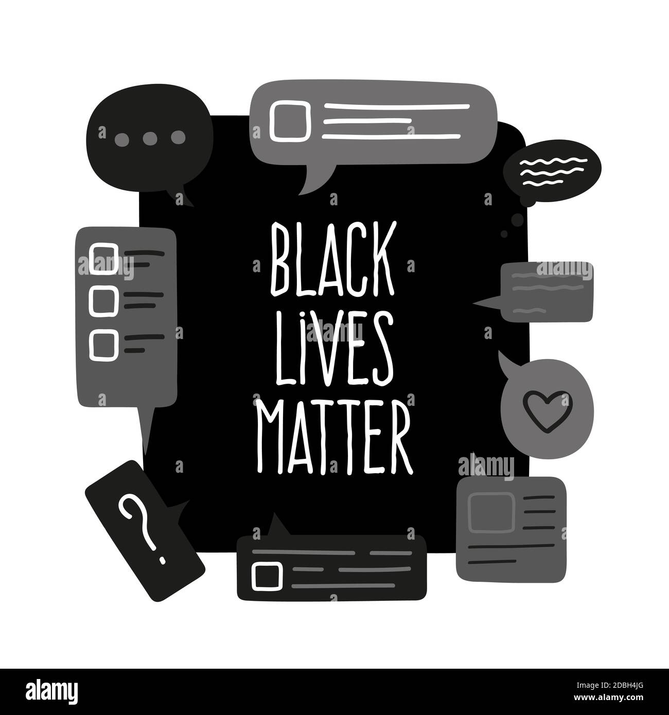 Chat burbujas vidas negras importan. Banner de protesta sobre el derecho humano del pueblo negro en Estados Unidos. Ilustración vectorial. Foto de stock