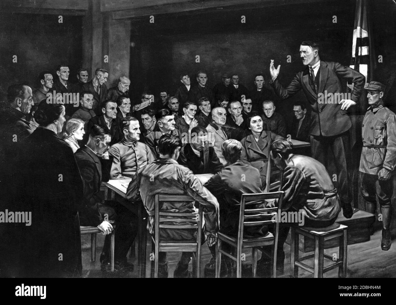 Adolf Hitler durante un discurso en el Hofbraeukeller. Foto de stock