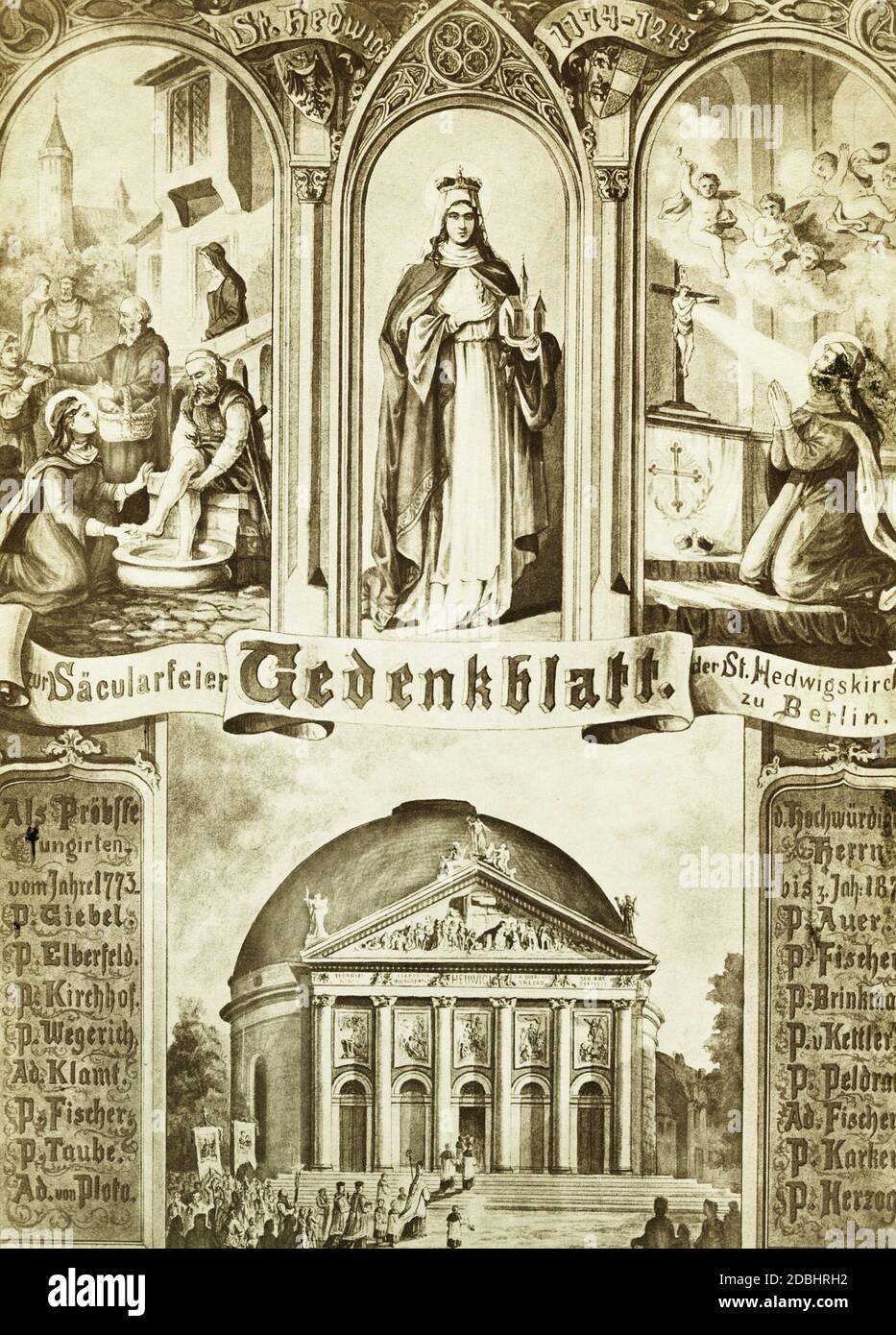 'La foto muestra el ''Gedenkblatt zur Saecularfeier der St. Hedwigskirche zu Berlin'' con una pintura de la patrona Hedwig. La Catedral de San Hedwig en Bebelplatz en Berlín-Mitte fue consagrada en 1773 y la parroquia celebró su centenario en 1873." Foto de stock