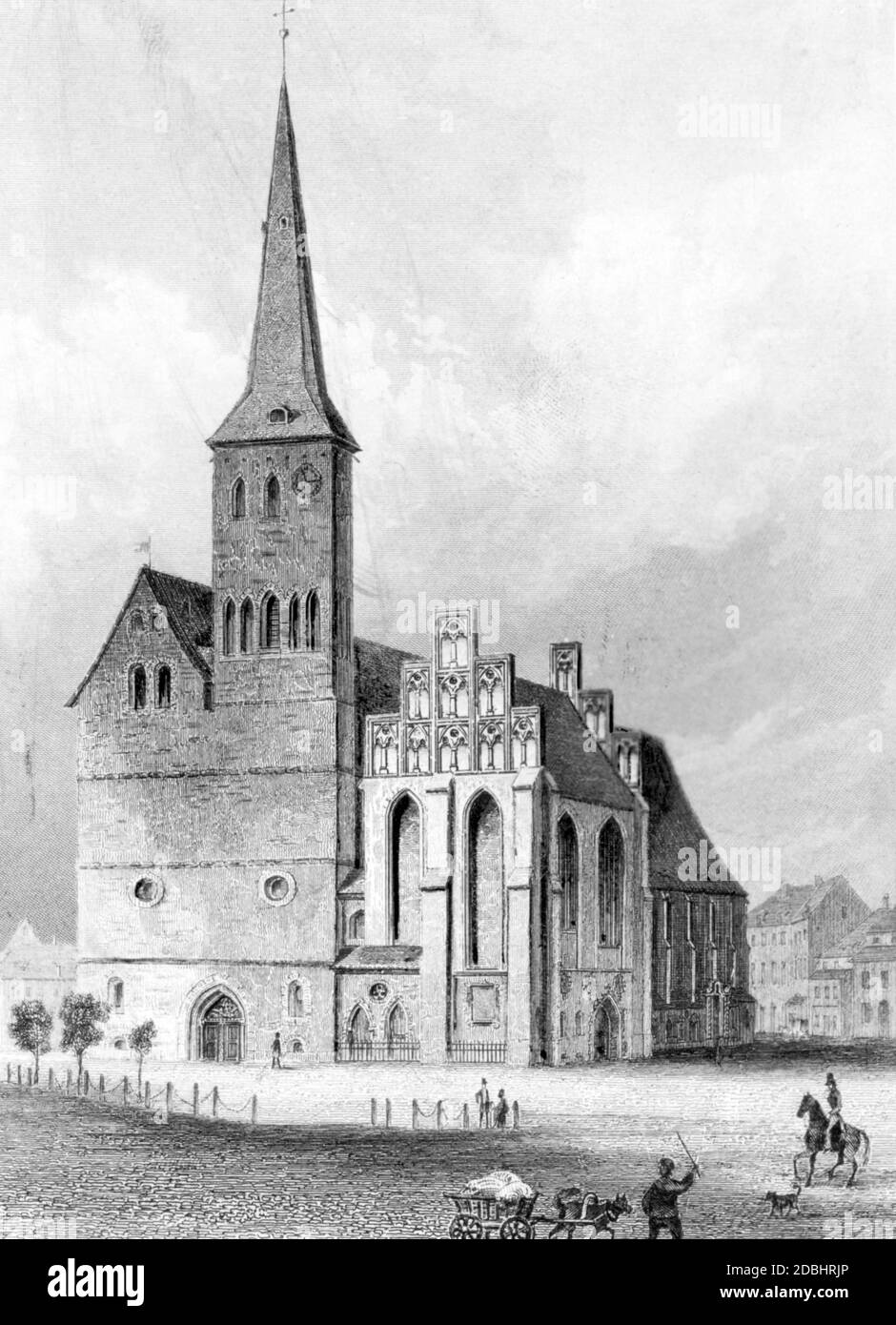 El grabado muestra la Iglesia de San Nicolás en el Nikolaiviertel en Berlin-Mitte. Grabado sin fecha, probablemente hecho alrededor de 1800. Foto de stock