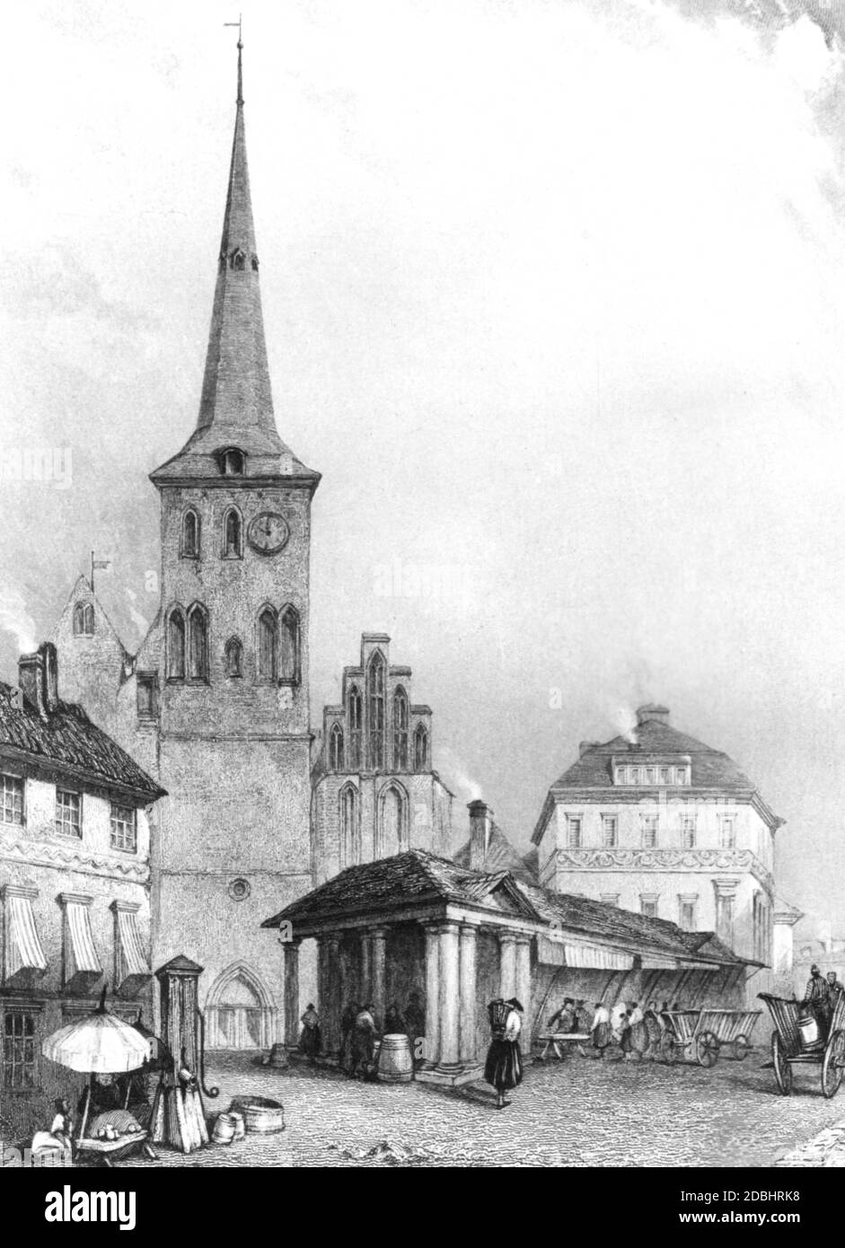 El grabado muestra el Nikolaikirche en el Nikolaiviertel en Berlin-Mitte. Grabado sin fecha, probablemente hecho alrededor de 1800. Foto de stock