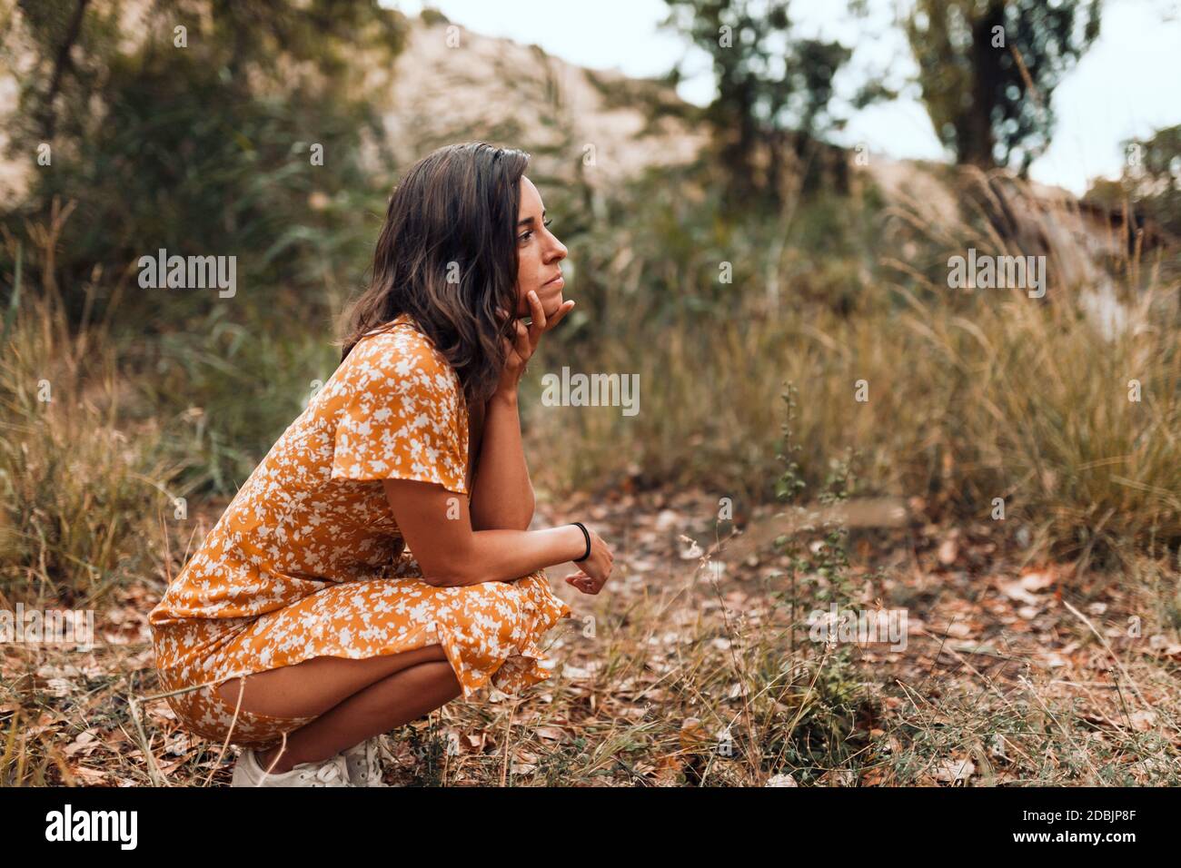 Pensativa hermosa mujer morena con un vestido sentándose en el bosques Foto de stock