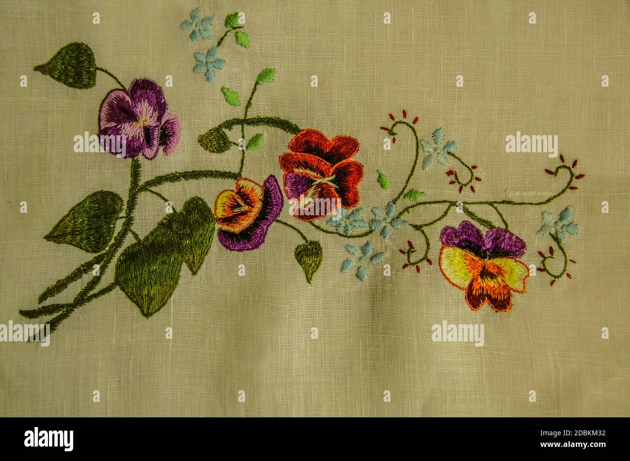 Ramas bordadas con pansias moradas y marrones, pequeñas flores azules y  hojas verdes Fotografía de stock - Alamy