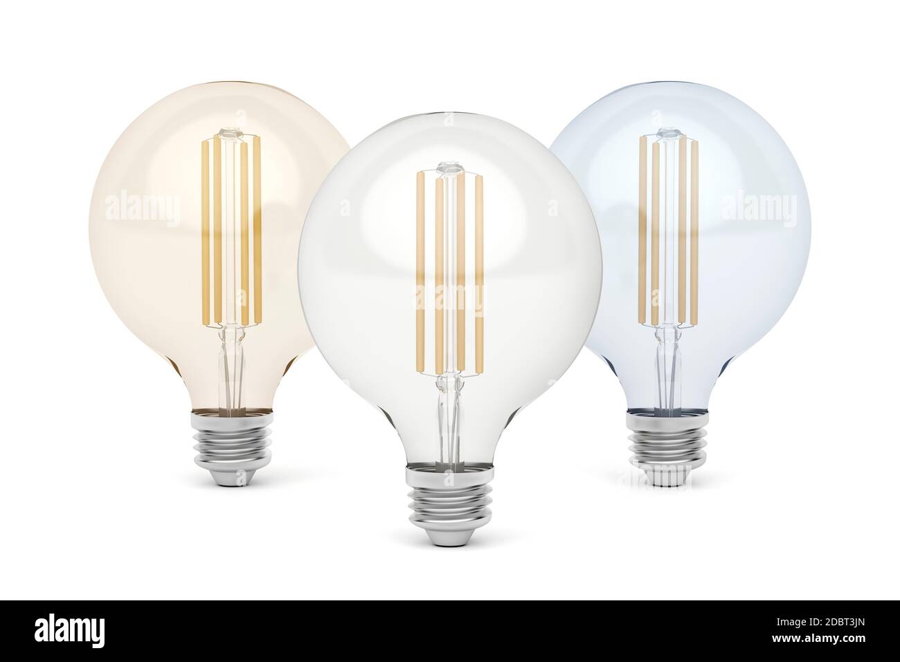 Tres bombillas LED con diferentes temperaturas de color de luz Foto de stock