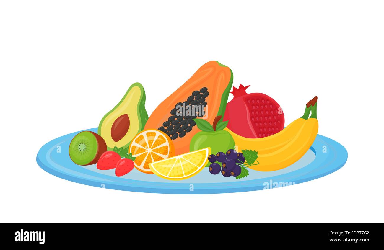 Frutas frescas en la placa de dibujos animados vector ilustración. Kiwi,  fresas y aguacate alimentos orgánicos. Papaya y plátanos. Naranja y limón  objeto de color plano Fotografía de stock - Alamy