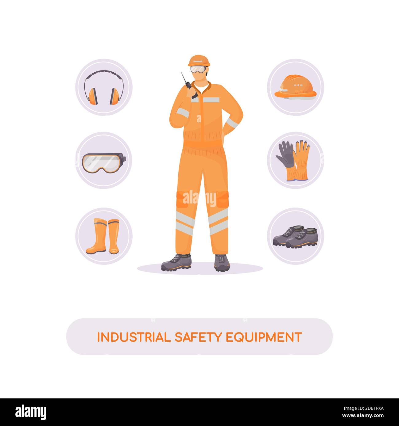 Equipo seguridad industrial concepto plano ilustración vectorial. Casco, zapatos de goma accesorios. Builder, ingeniero 2D personaje de dibujos animados para web desig Fotografía de stock - Alamy