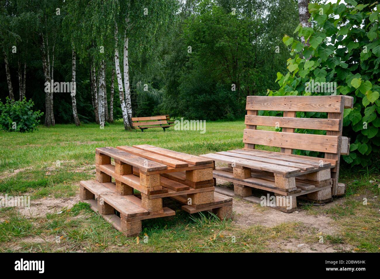 Mesa y bancos de madera rústica hecha con palets en las orillas de un  tranquilo lago rodeado de árboles y vegetación, en verano el sol Fotografía  de stock - Alamy