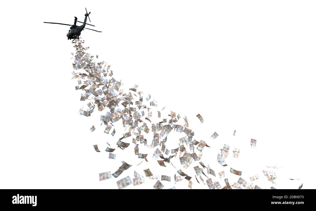 helicóptero de distribución de dinero. aislado sobre blanco. concepto