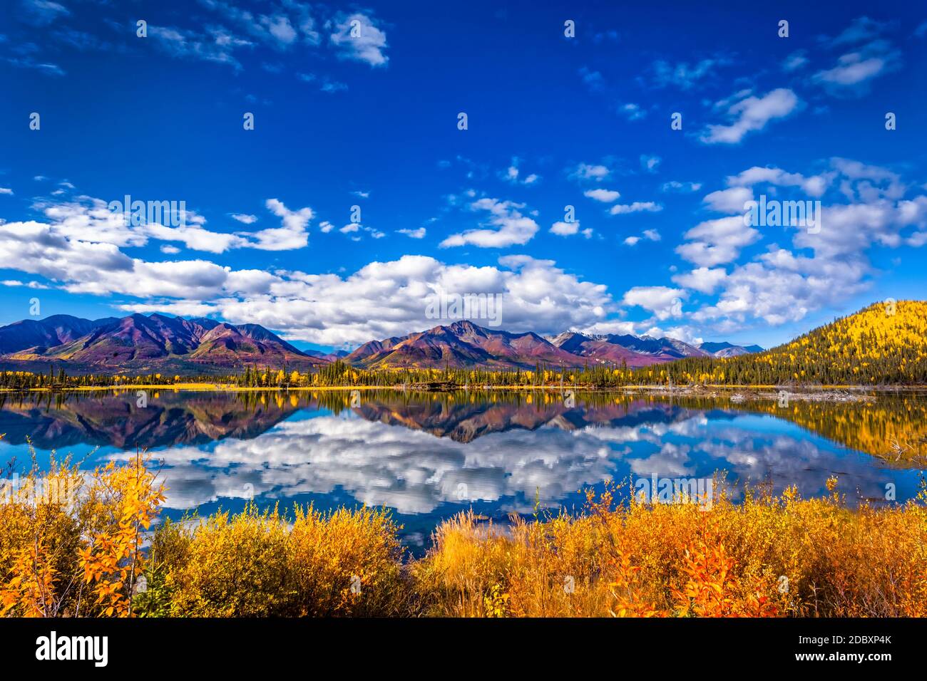 La cadena montañosa se refleja en el lago Mentasta con follaje de color caída bajo el cielo azul, Tok corte de la autopista Glenn, centro-sur de Alaska en otoño; Foto de stock