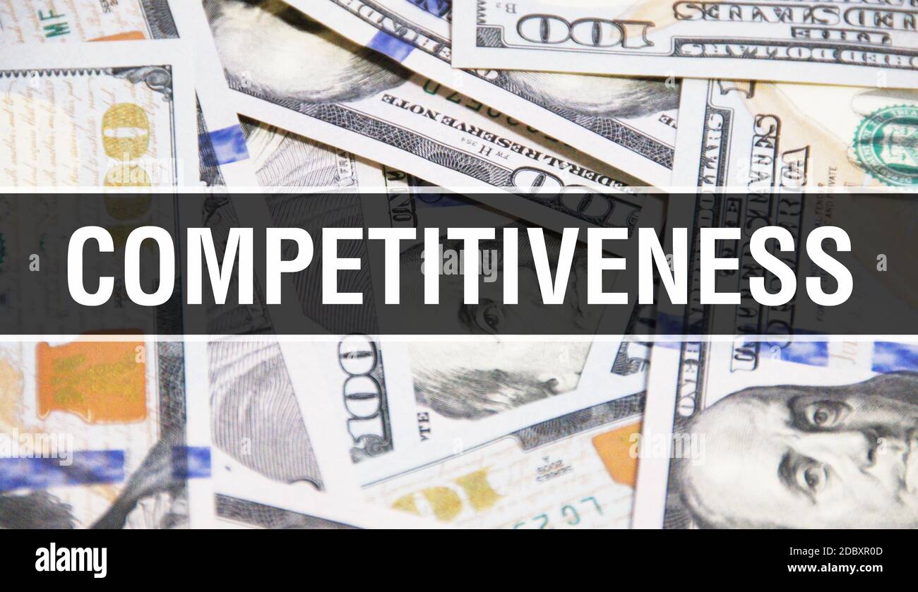 Competitividad concepto de texto primer plano. Dólares americanos dinero en efectivo, rendering 3D. Competitividad en Dollar Banknote. Moneda financiera EE.UU. Billete Comme Foto de stock