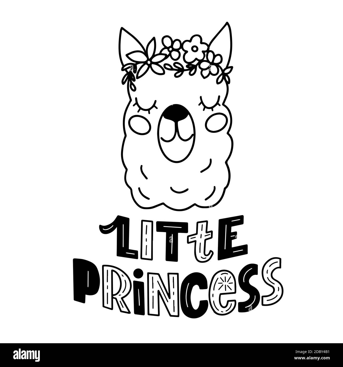 Imagen en blanco y negro de la cabeza de dibujos animados de llama y letras - pequeña princesa - en gráficos vectoriales. Para el diseño de postales, carteles Ilustración del Vector