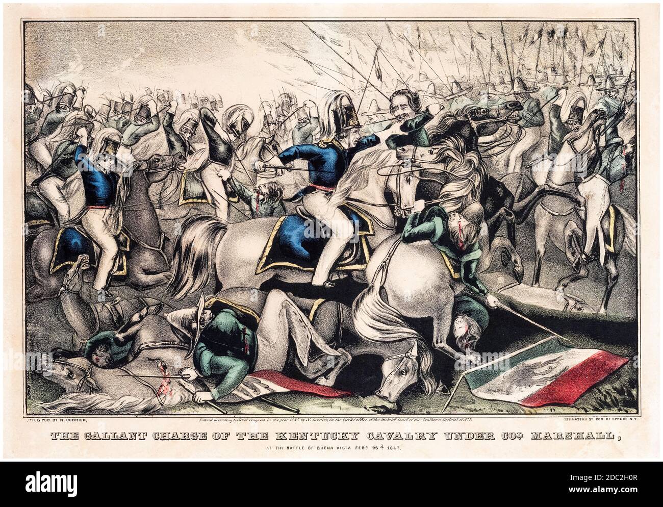 El cargo Galant de la Caballería de Kentucky bajo el Coronel Marshall en la Batalla de buena Vista, 23 de febrero de 1847, (Batalla de Angostura), Guerra México-Americana (1846-1848), impreso por Nathaniel Currier, 1847 Foto de stock
