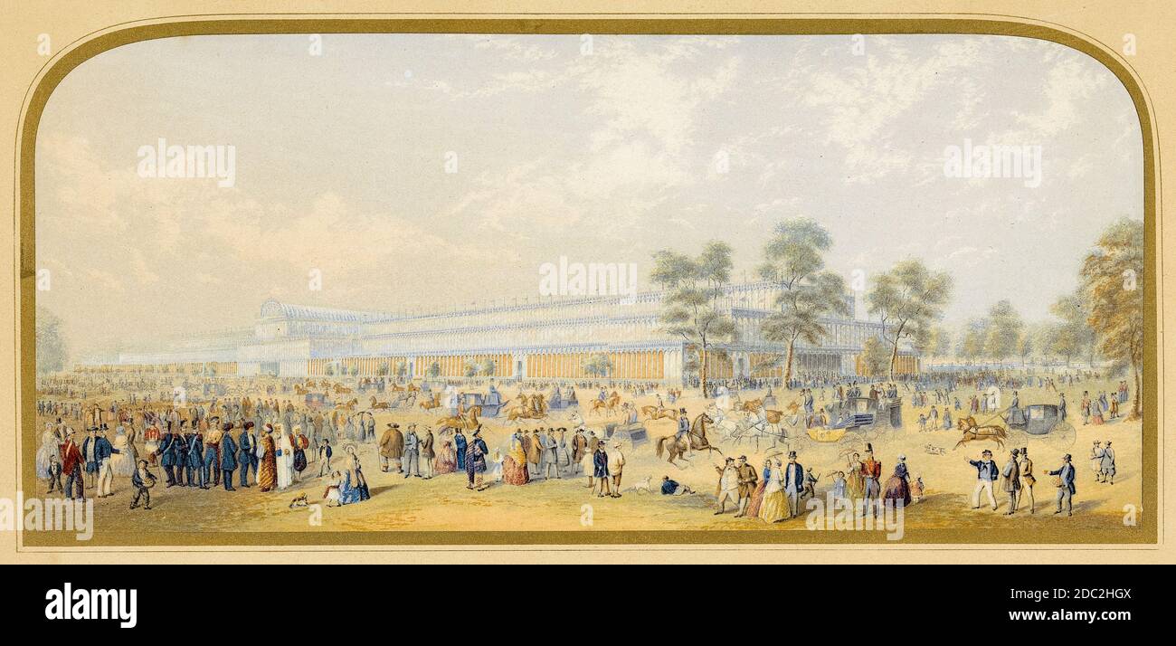 La Gran exposición: Vista exterior del Palacio de Cristal desde el suroeste, Hyde Park, Londres, 1851, estampado en madera de George Baxter, 1851 Foto de stock