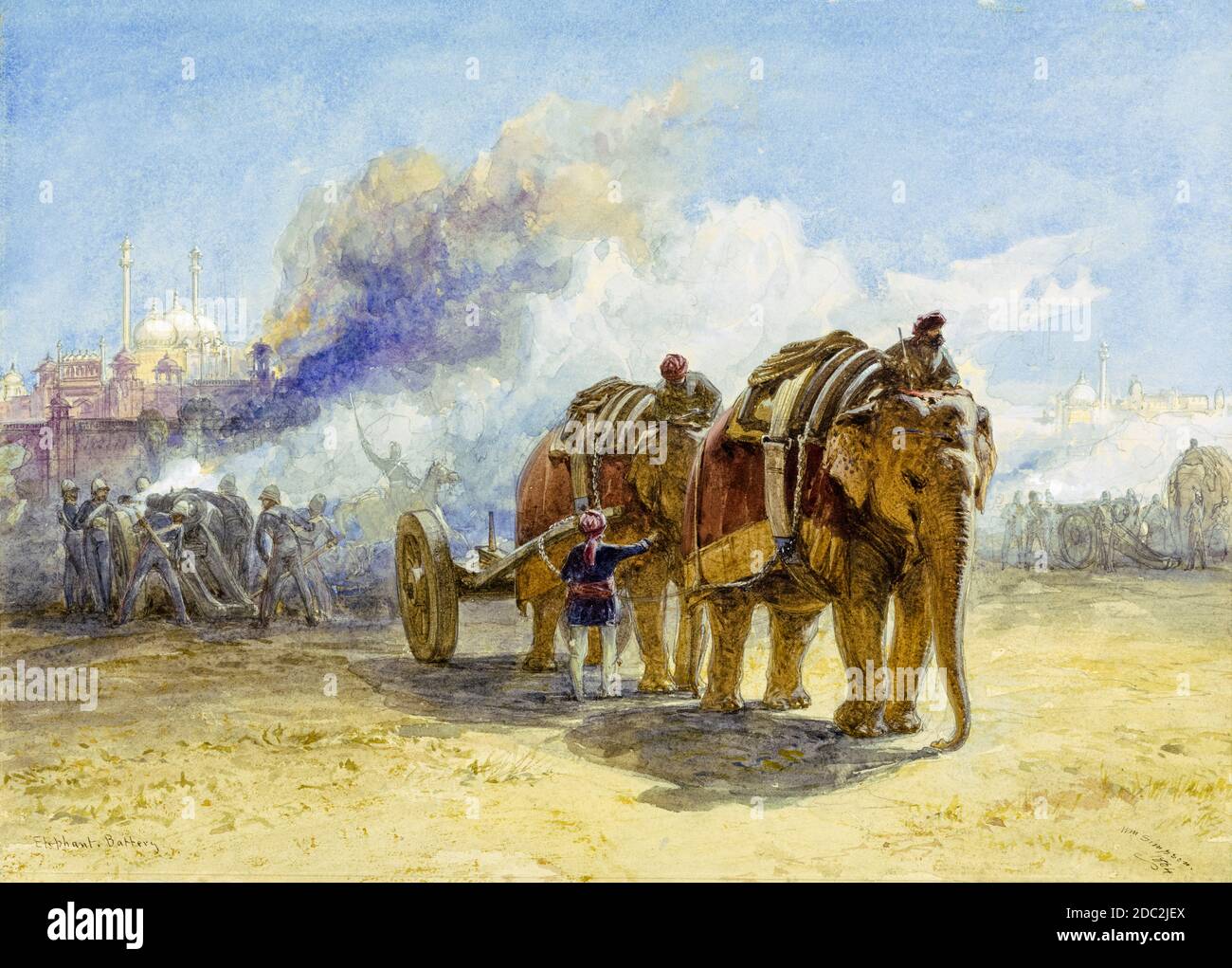 Elefante batería de artillería pesada, pintura de William Simpson, 1864 Foto de stock
