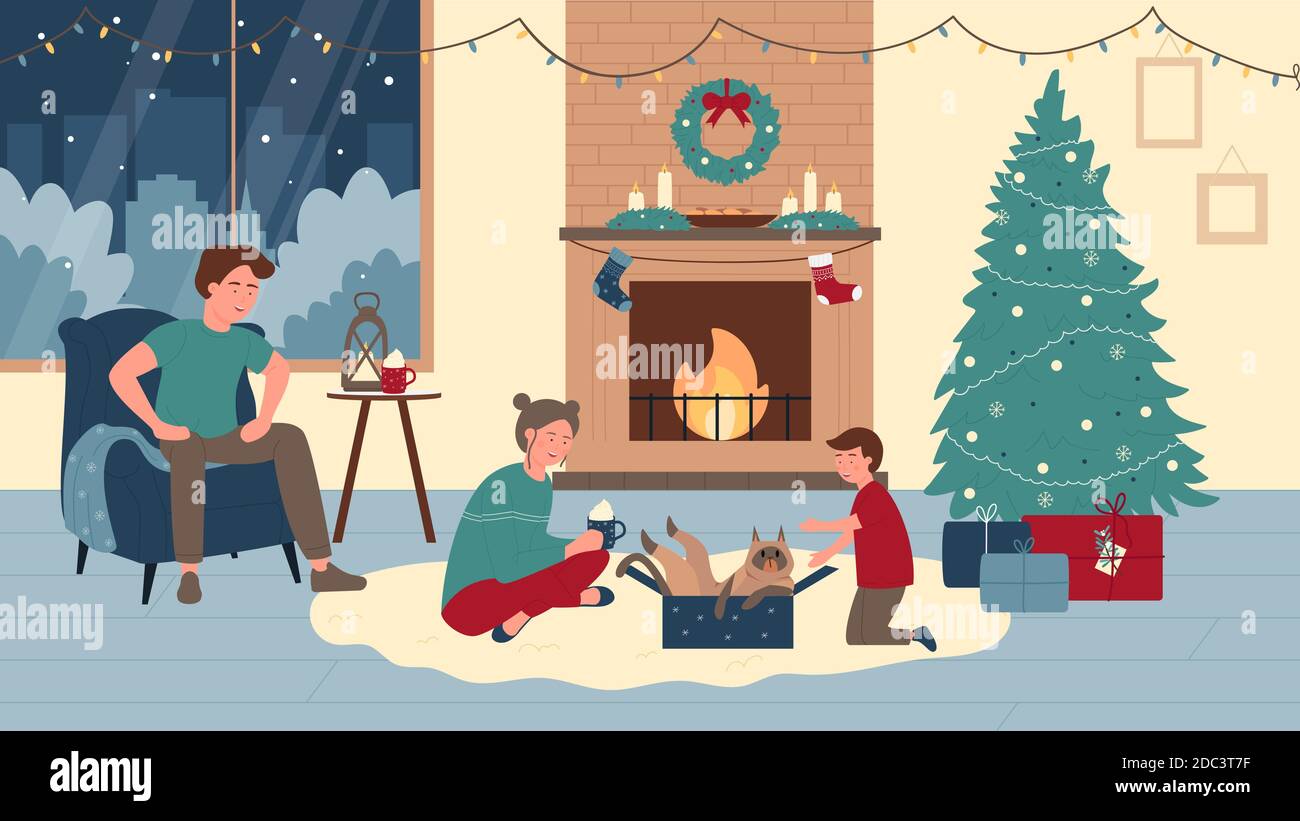 Familia en casa en Navidad invierno vacaciones vector ilustración. Dibujos animados padre feliz madre y niño jugar con el gato en el interior de la habitación chimenea de Navidad con regalos de Familia en casa en Navidad invierno vacaciones vector ilustración. Dibujos animados padre feliz madre y niño jugar con el gato en el interior de la habitación chimenea de Navidad con regalos de