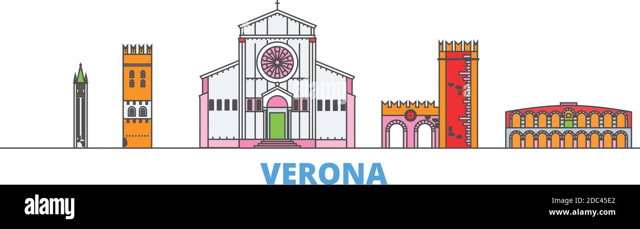 Italia, Verona línea de paisaje urbano, vector plano. Recorrido punto de referencia de la ciudad, ilustración de los oultinos, iconos del mundo de la línea Ilustración del Vector