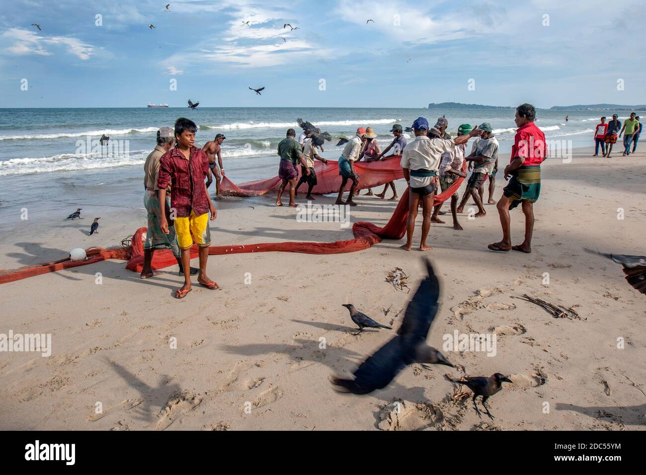 Los pescadores del Sena de la playa arrastran sus redes a la playa de Uppuveli en la costa este de Sri Lanka a última hora de la tarde. Foto de stock