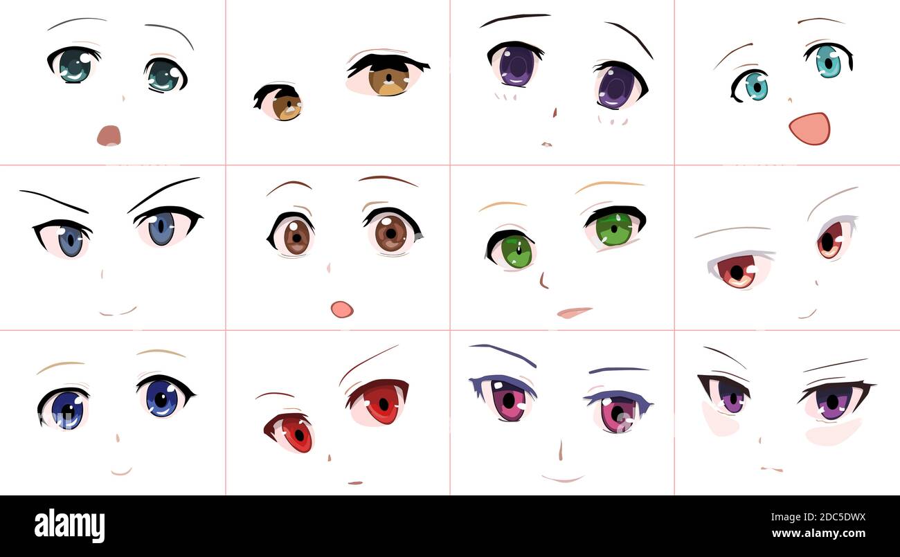 Conjunto de expresiones de estilo de ANIME de Cartoon vectorial. Caras del  yute de Kawaii. Diferentes ojos, boca, cejas. Alegría. Ira. Calma. ANIME  chica en japonés. ANIME Imagen Vector de stock -