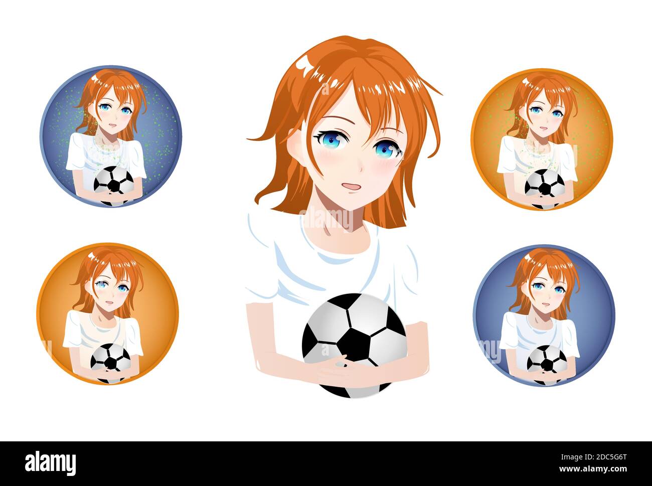 Chica en uniforme deportivo sostiene una pelota de fútbol, conjunto de  iconos. Caracteres de anime vectorial. ANIME chica en japonés. Estilo de  anime, ilustración vectorial dibujada Imagen Vector de stock - Alamy