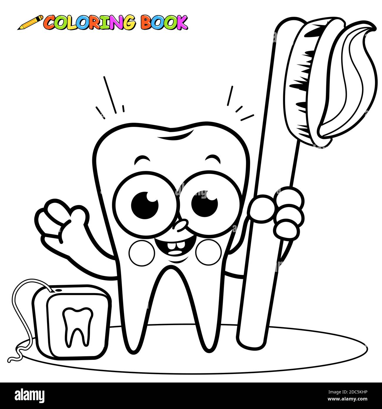 Personaje de dibujos animados sosteniendo un cepillo de dientes y un hilo  dental. Página para colorear en blanco y negro Fotografía de stock - Alamy