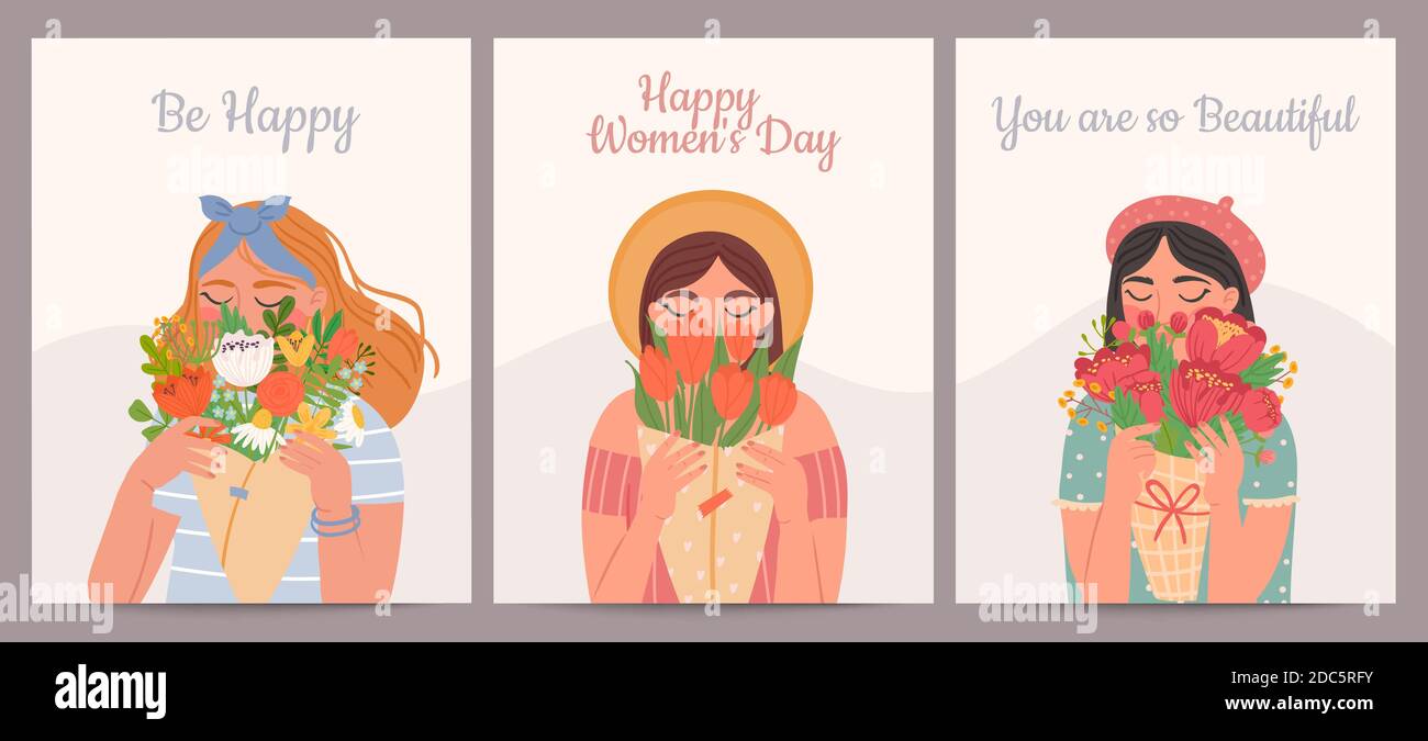 Mujer con ramo de flores. Feliz día internacional de la mujer, días de San Valentín y madres. Juego de cartas vector belleza chicas y ramos de primavera Ilustración del Vector