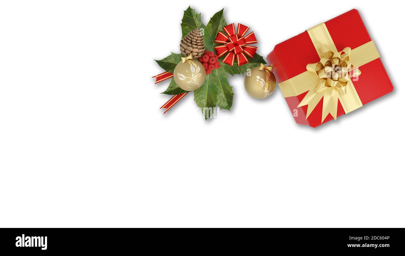 Ilustración 3D. Navidad. Caja de regalo, caja con cinta y lazo, junto a la  decoración de Navidad Fotografía de stock - Alamy