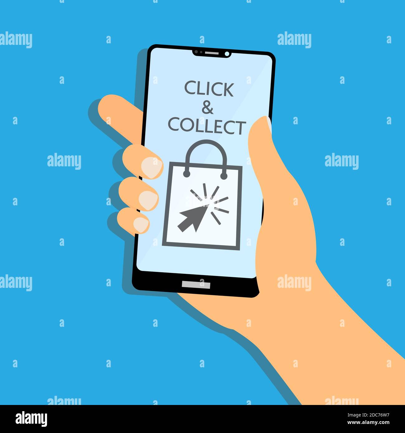 haz clic y recoge los símbolos en el smartphone muestra la ilustración vectorial, compra en línea y recoger en la tienda local concepto Ilustración del Vector