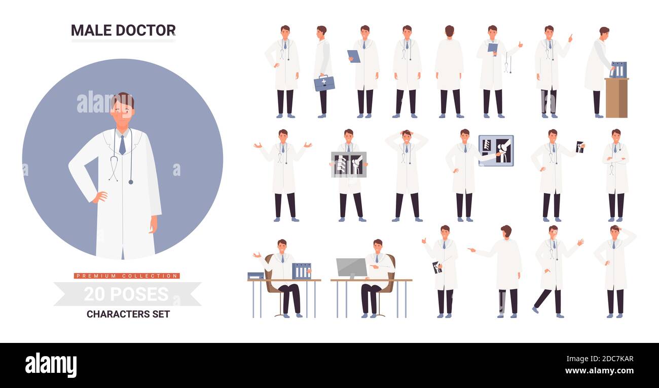 El personaje masculino del doctor plantea un conjunto de ilustraciones de vectores infográficos. Cartoon hombre médico sentado y pensando, de pie, sosteniendo la imagen de rayos X del paciente, las posturas de trabajo del trabajador del hospital aislado en blanco Ilustración del Vector