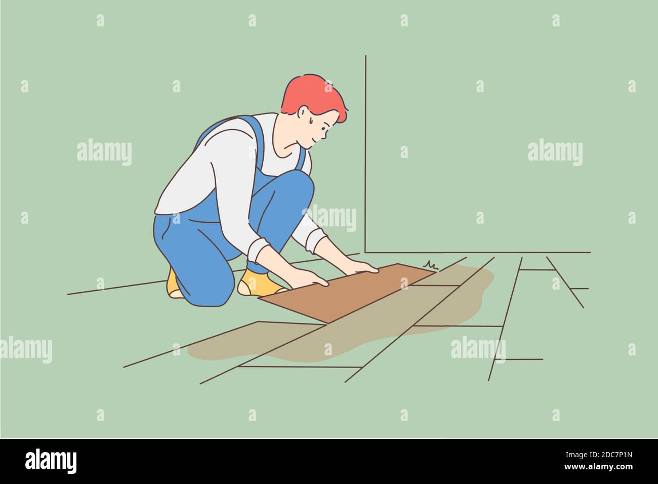 ilustración de dibujos animados de instalación de pisos con reparador,  colocación de pisos profesionales de parquet, madera o baldosas en el  diseño de renovación de pisos de casas 7317378 Vector en Vecteezy