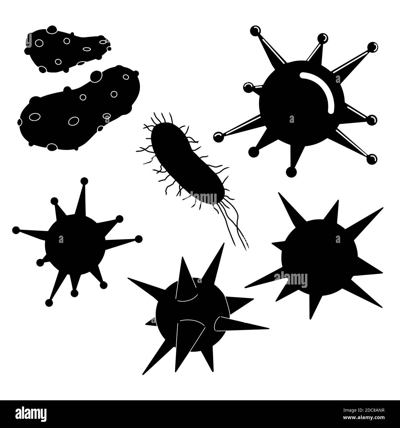 Conjunto de virus, bacterias silueta iconos. Microbios, microbiología, gripe, gripe, enfermedad, microorganismo de laboratorio diminuto. Vector aislado. Sucio e infectado, contagioso. Ilustración del Vector