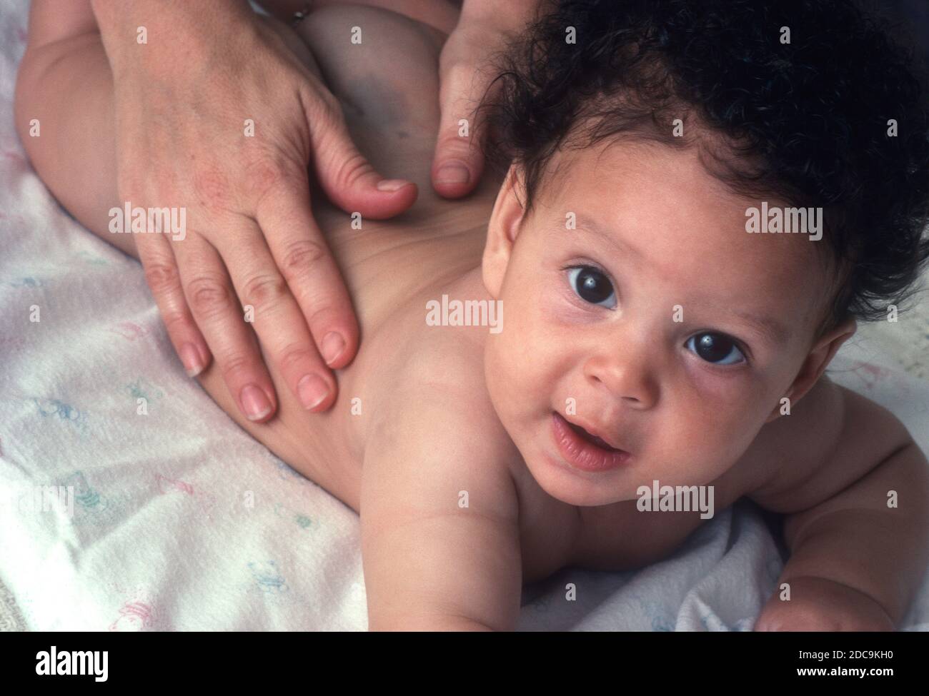 niña de 4 meses desnuda con el estómago sosteniendo la cabeza alerta alta mirando hacia las manos de la madre del espectador haciendo masaje infantil en la parte de atrás Foto de stock